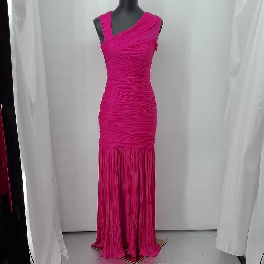 Halston Heritage Ruched Evening Gown Stunninh Fuchsia Pink Asymmetric SZ Small